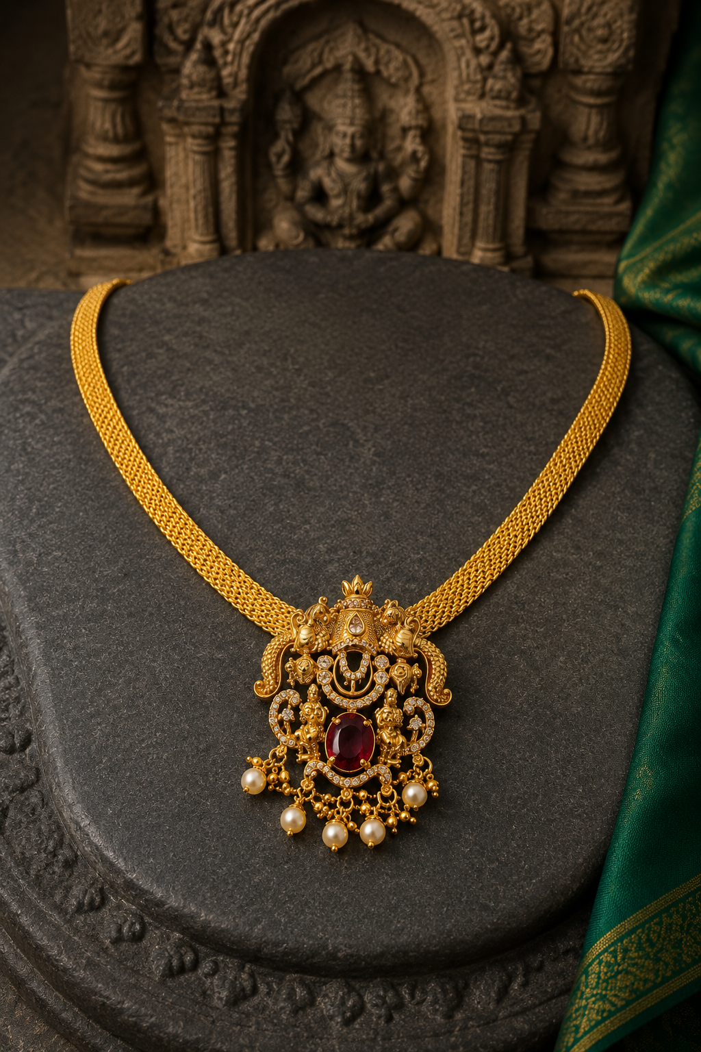 Lakshmi Devi Gold Plated Pendant Mesh Chain Necklace