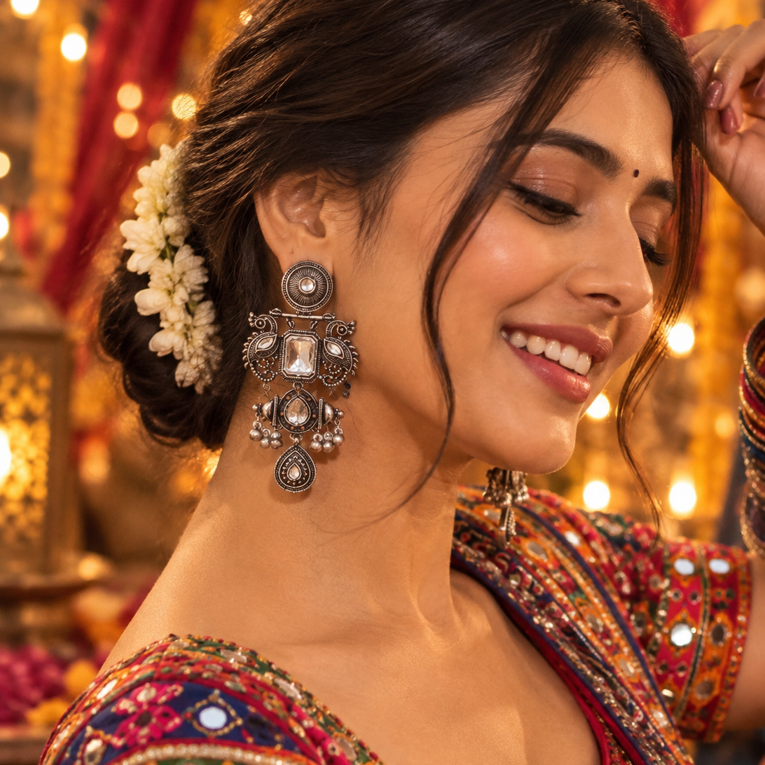 Oxidised Geometric Jhumka Earrings