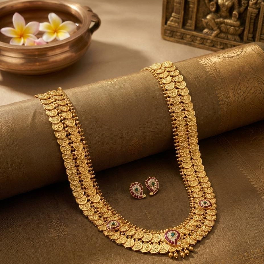 Long Gold Plated Coin Temple Necklace Set with Earrings