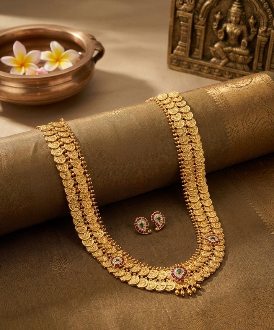Long Gold Plated Coin Temple Necklace Set with Earrings