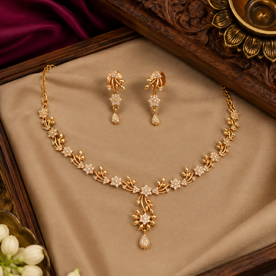 Leaf Rose Gold Tone Pendant Necklace Set with Earrings