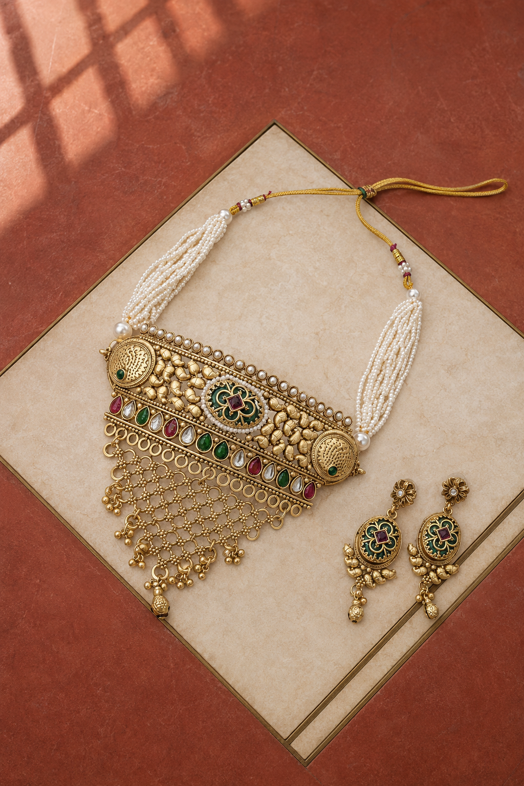 Peacock Gold Plated Choker with Black Enamel Earrings