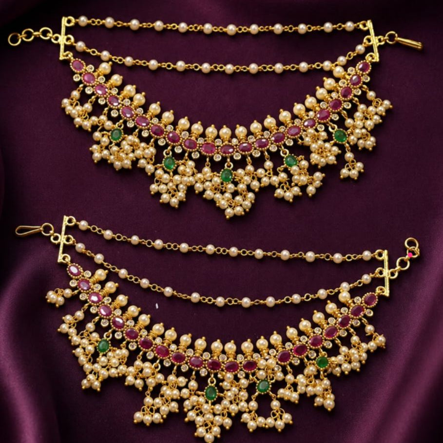 Gold Finish Pink Green Traditional Ear Chain Set
