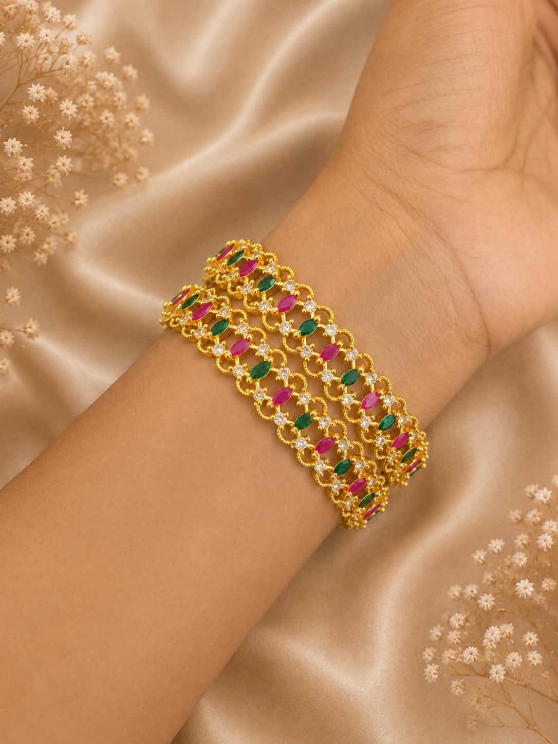 Gold Plated Pink Green Stone Broad Bangle