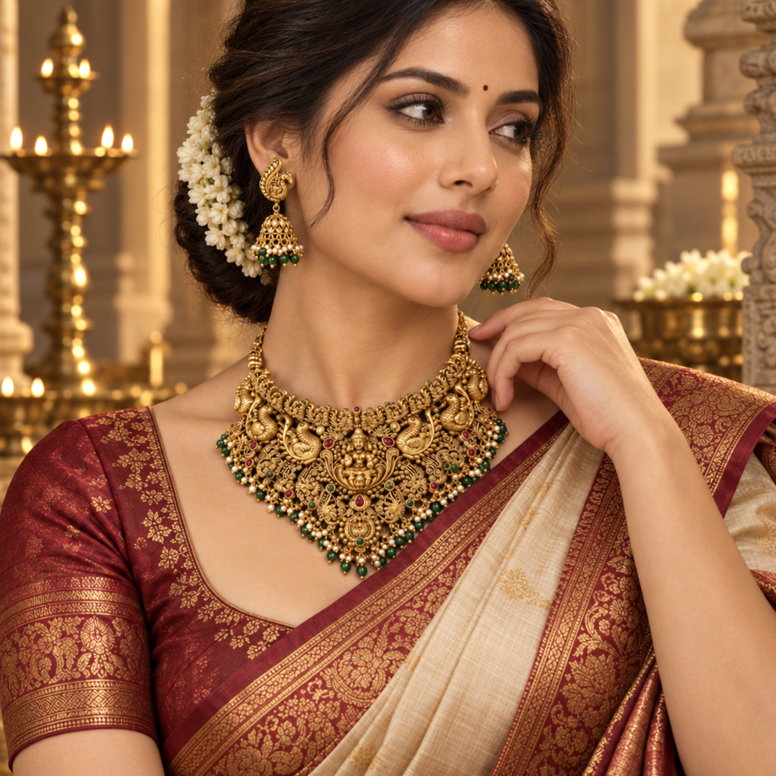 Peacock Lakshmi Devi Gold Plated Choker Necklace Set