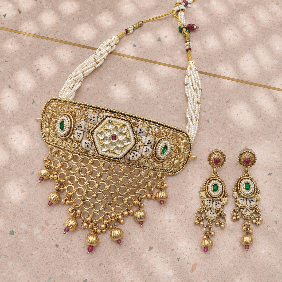 Green Kundan Gold Plated Choker Necklace Set