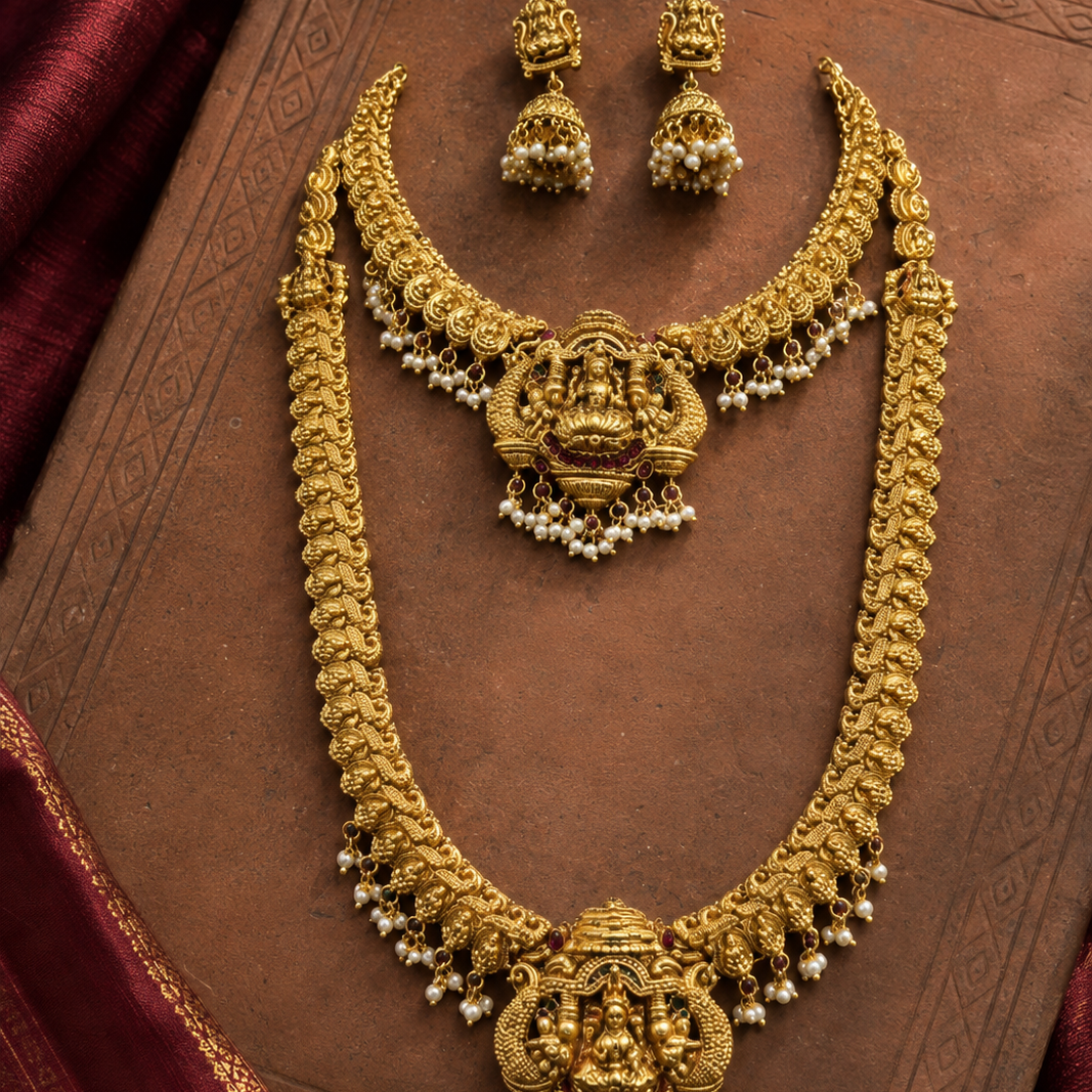 Lakshmi Devi Gold Plated Choker and Long Haram Set
