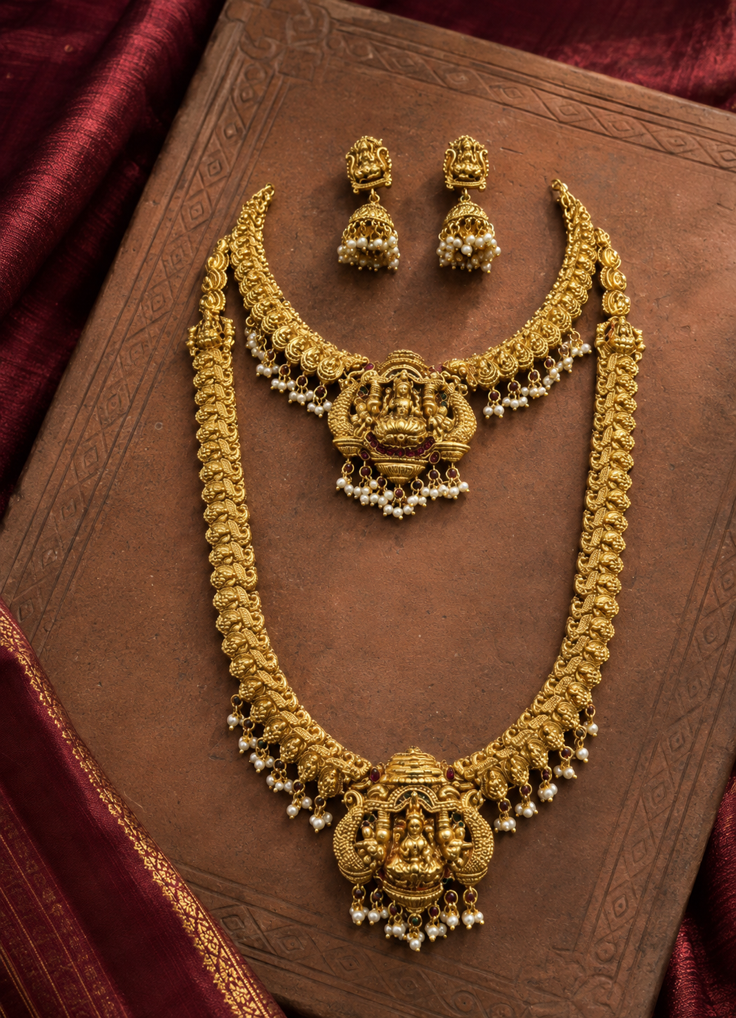 Lakshmi Devi Gold Plated Choker and Long Haram Set