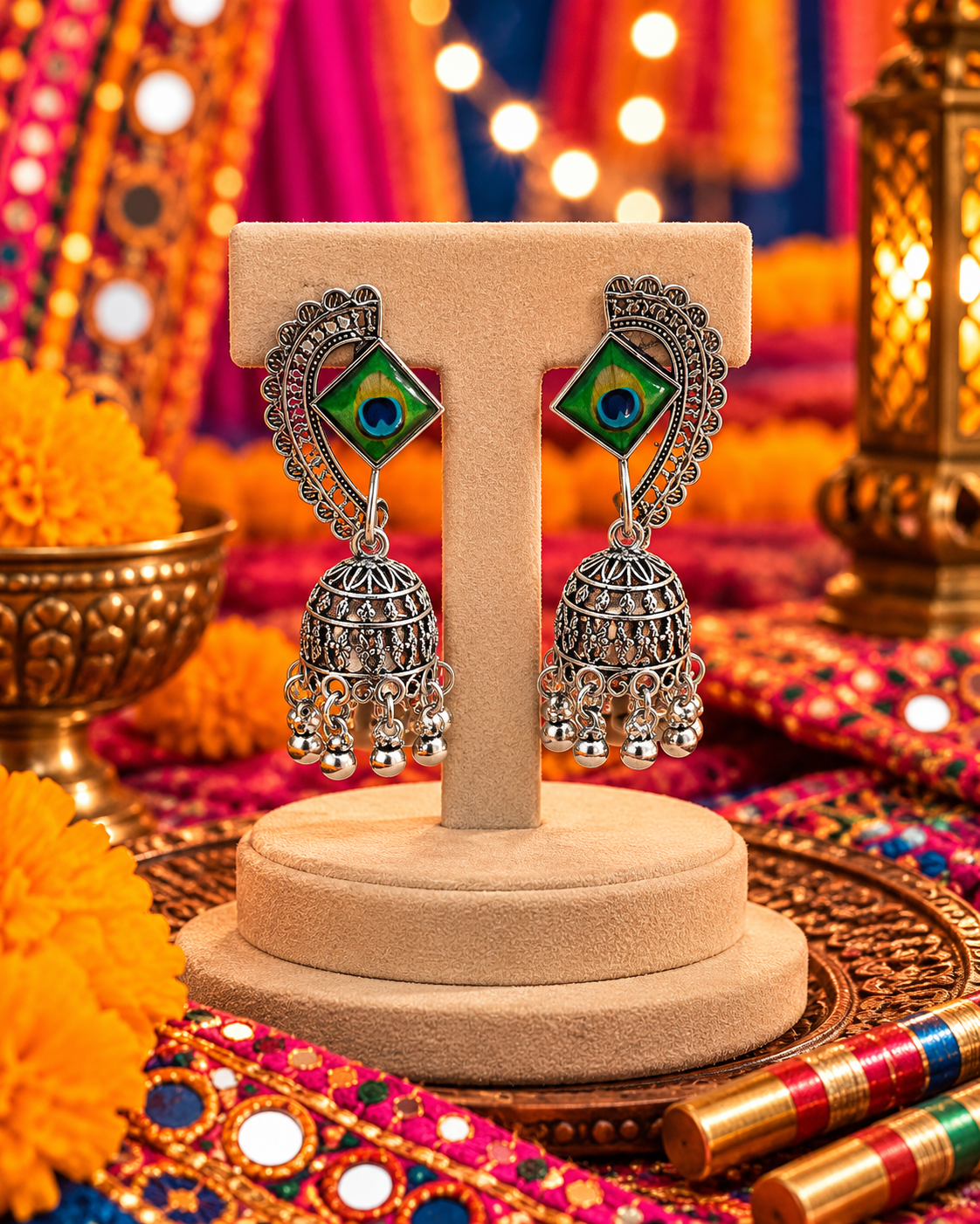 Oxidised Peacock Design Jhumka Earrings