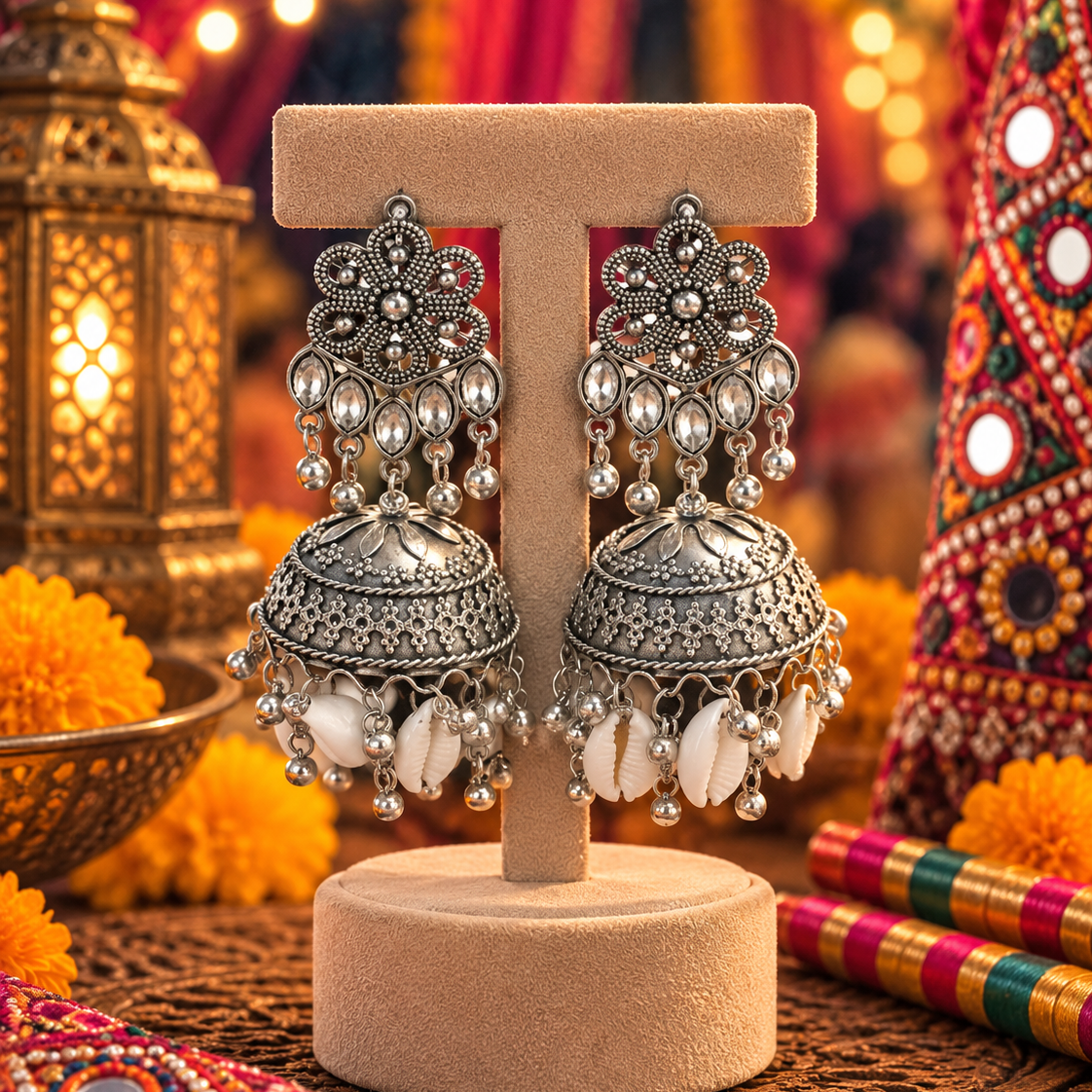 Oxidised Floral Dome Jhumka Earrings