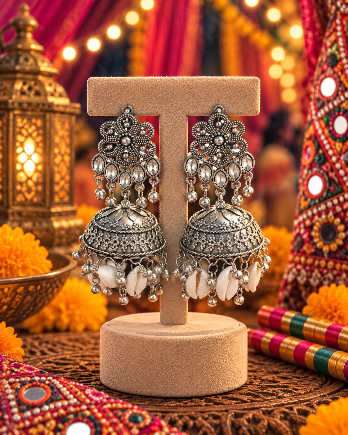 Oxidised Floral Dome Jhumka Earrings