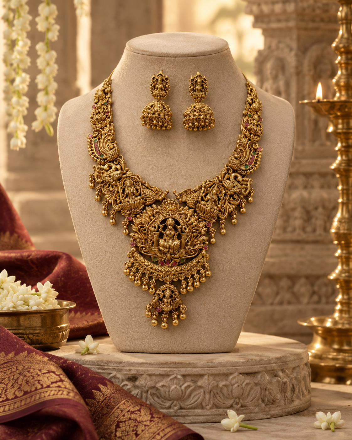 Lakshmi Devi Peacock Statement Gold Plated Necklace Set
