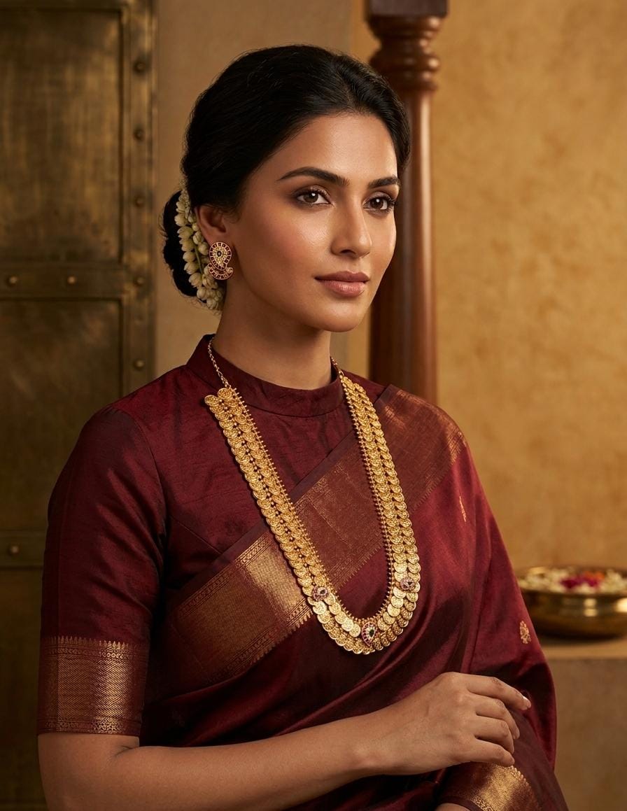 Long Gold Plated Coin Temple Necklace Set with Earrings