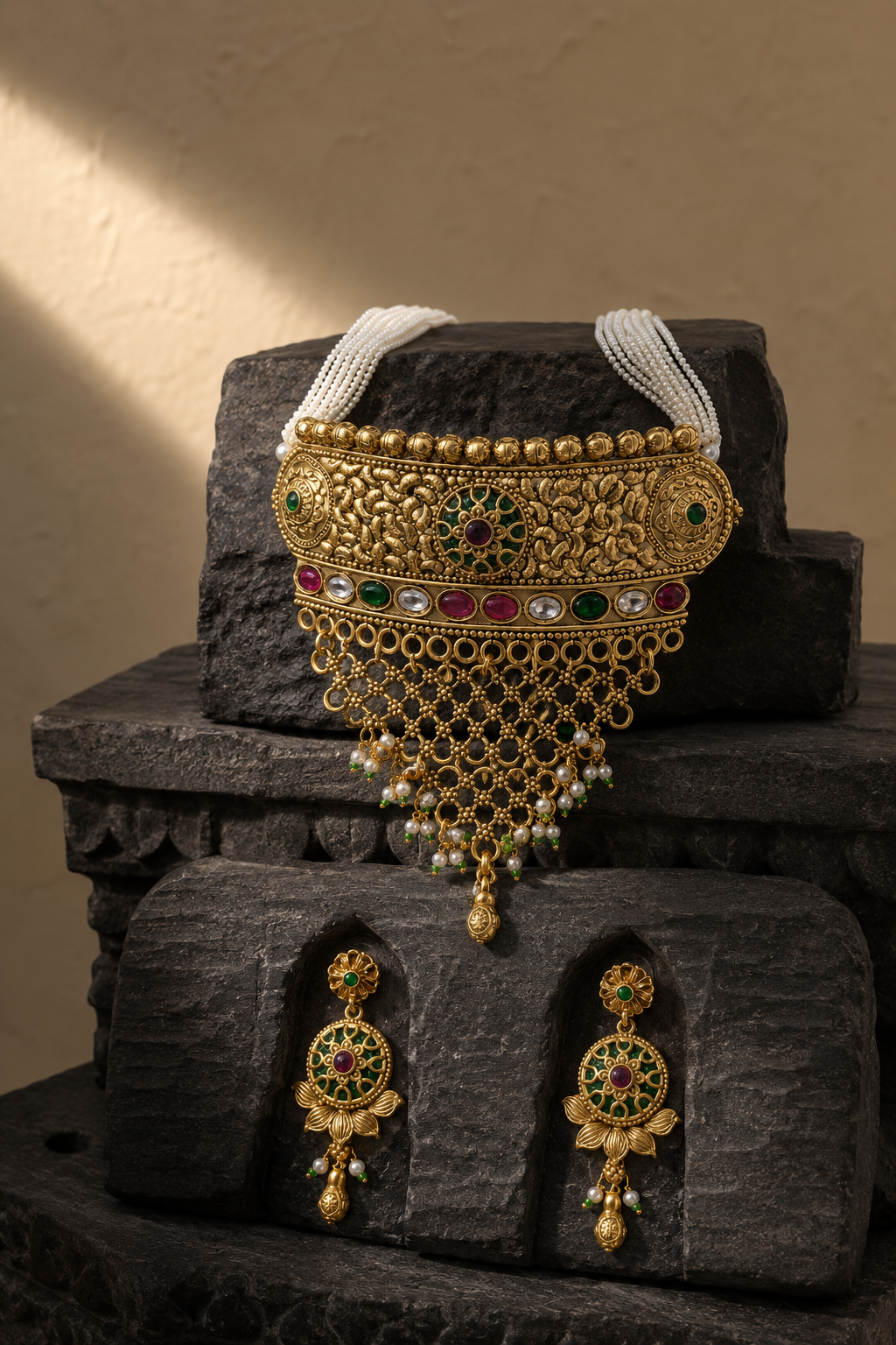 Rajwadi Floral Enamel Pearl Choker Set
