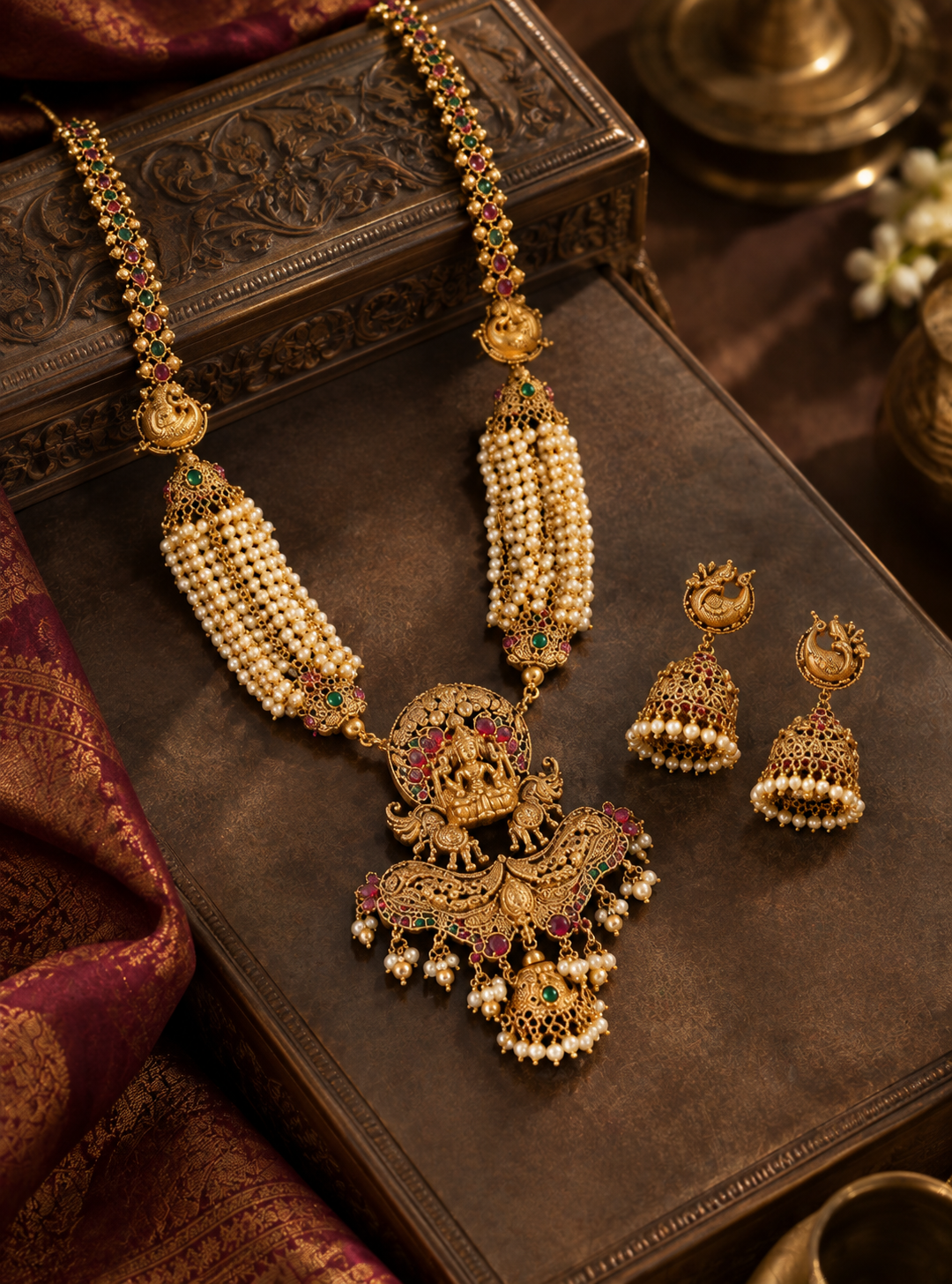 Pearl Beaded Strand Lakshmi Devi Gold Plated Necklace Set