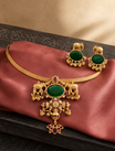 Green Stone Lakshmi Devi Gold Plated Necklace Set