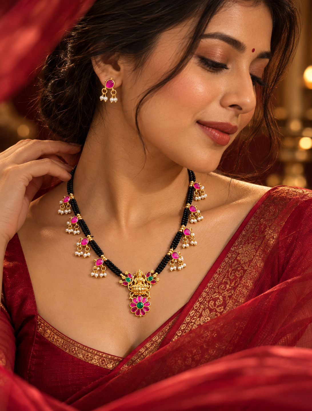 Pink Green Traditional Black Bead Mangalsutra