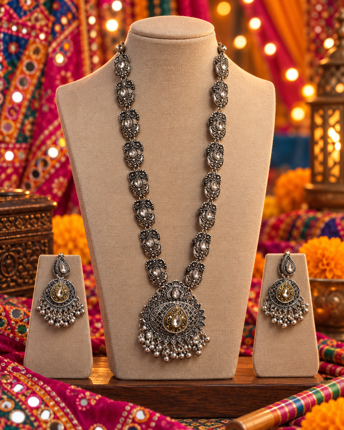 Oxidised Black Stone Necklace Set