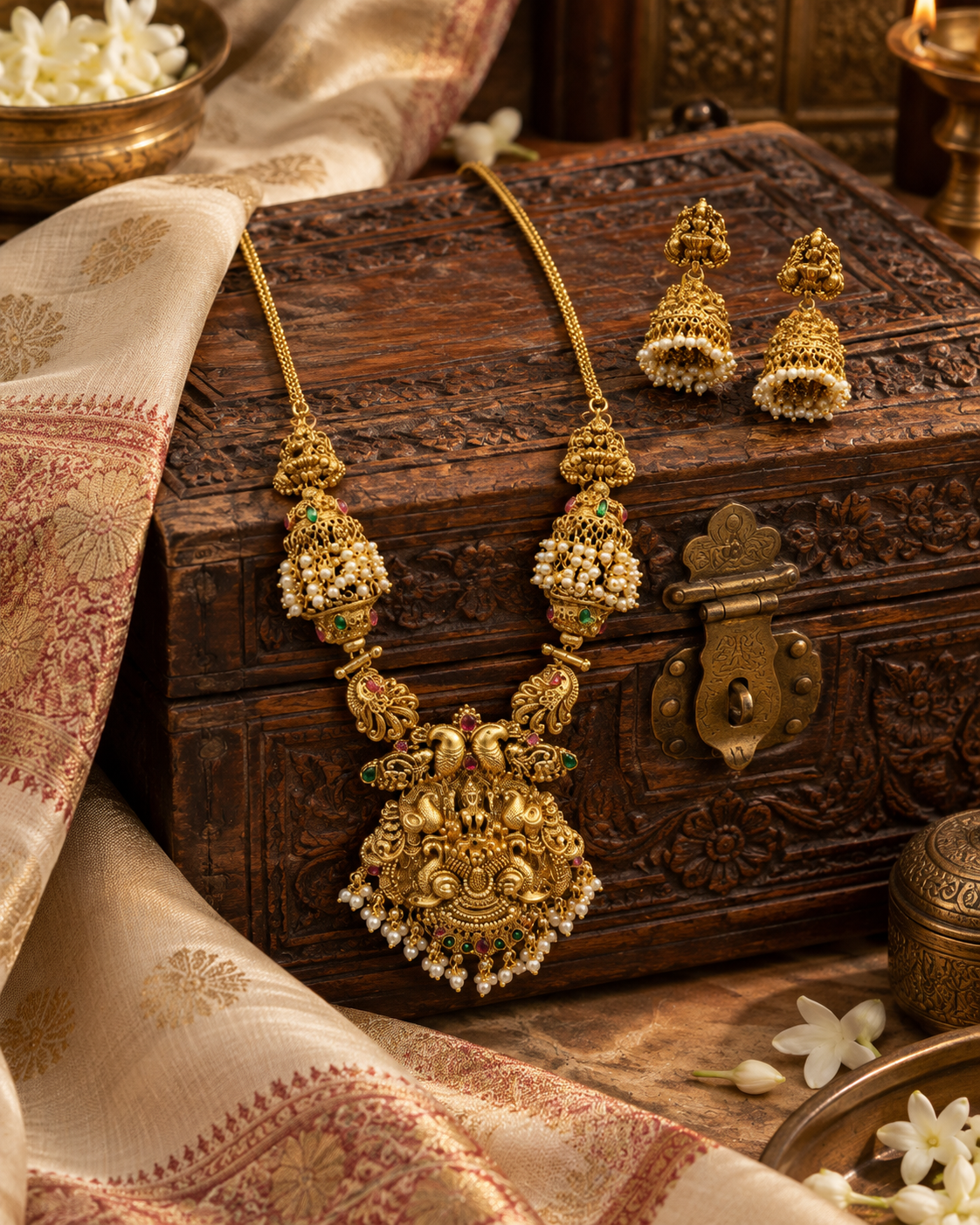 Elephant Lakshmi Devi Long Gold Plated Necklace Set