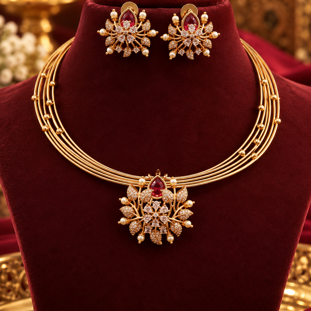 Gold Finish Floral Stone Layered Necklace Set with Earrings