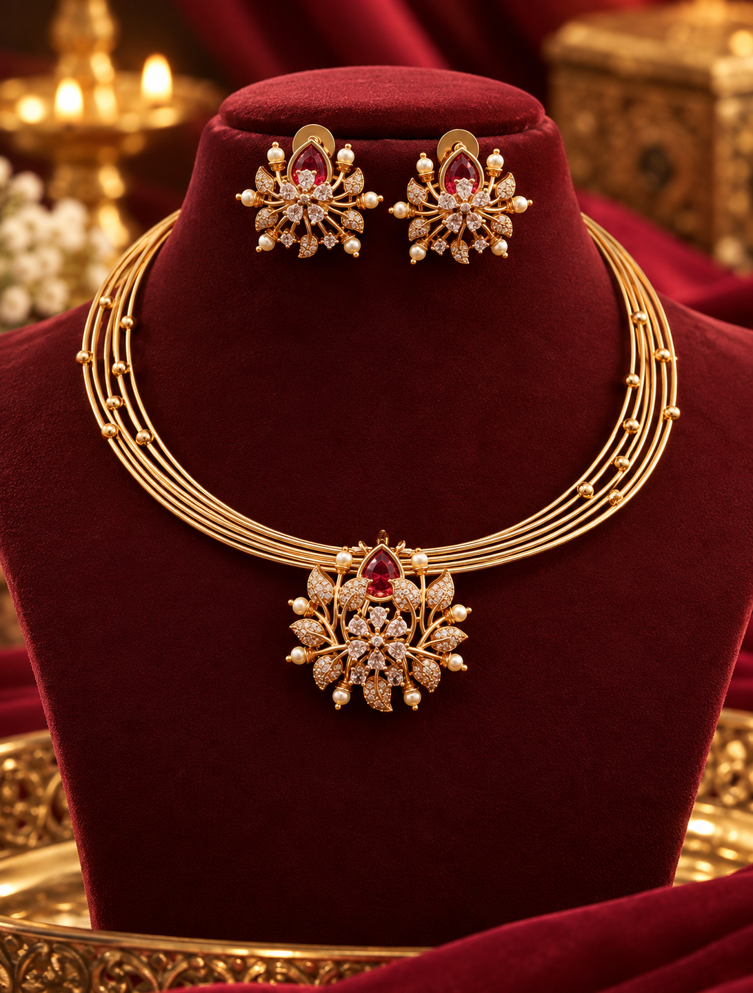 Gold Finish Floral Stone Layered Necklace Set with Earrings