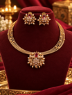 Gold Finish Floral Stone Layered Necklace Set with Earrings