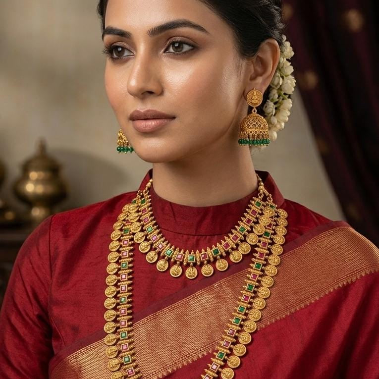 Gold Finish Temple Coin Necklace Set