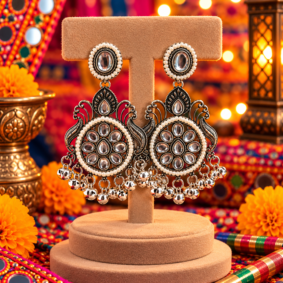 Oxidised Circular Floral Jhumka Earrings