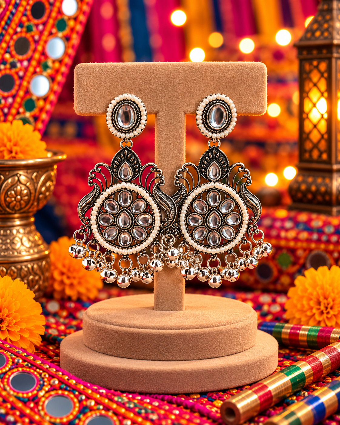 Oxidised Circular Floral Jhumka Earrings