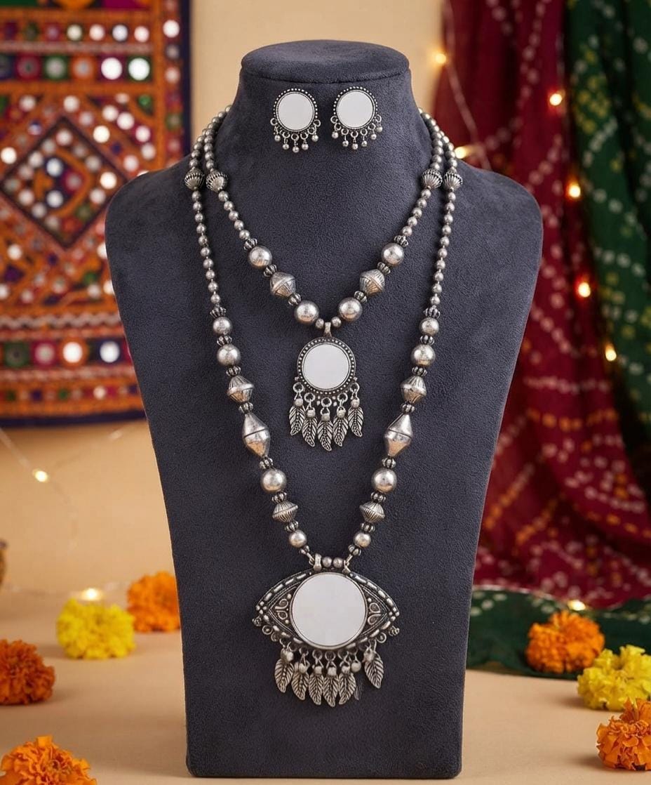 Oxidised Oval Pendant Necklace Set