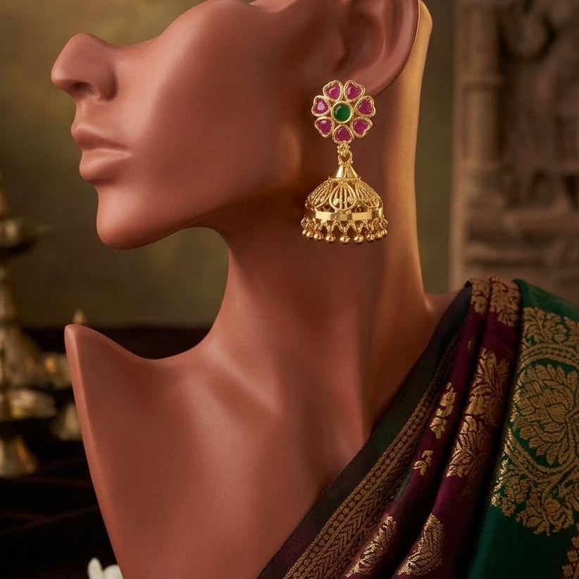 Gold Plated Pink Green Floral Jhumka Earrings
