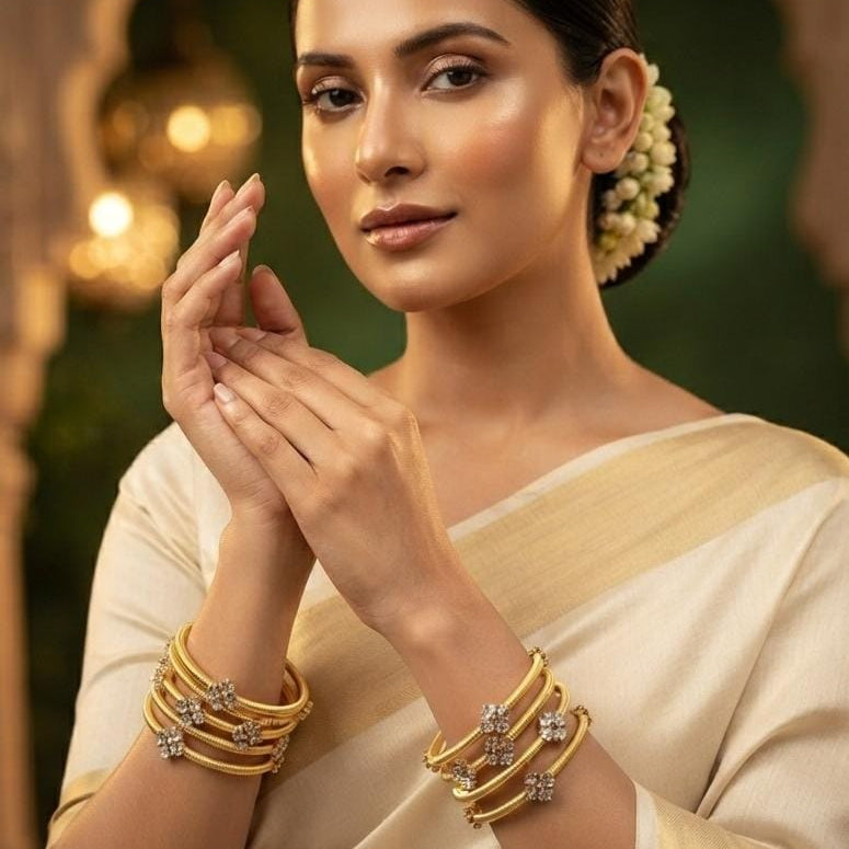 Gold Finish Crystal Floral Bangle Set