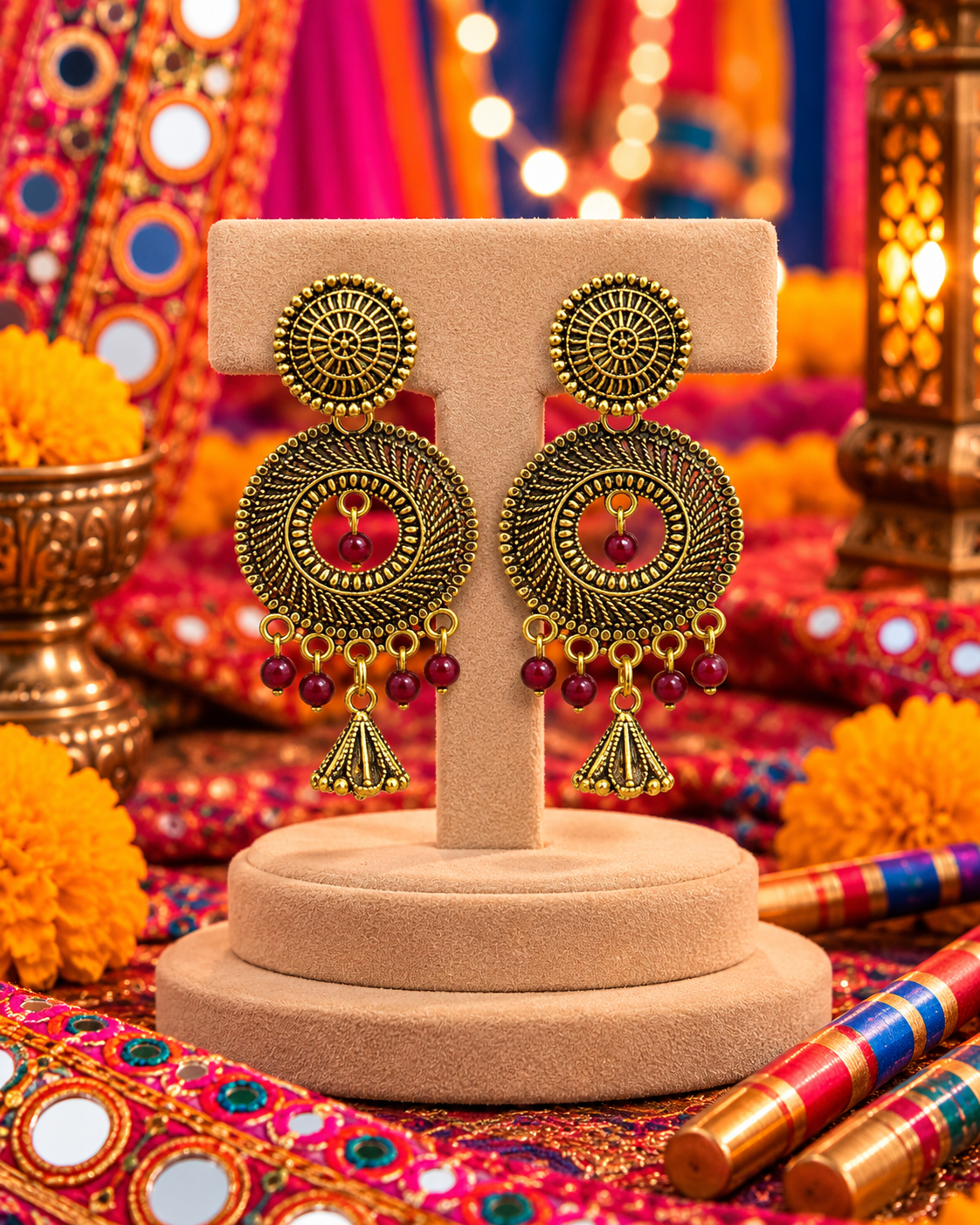 Oxidised Round Motif Jhumka Earrings