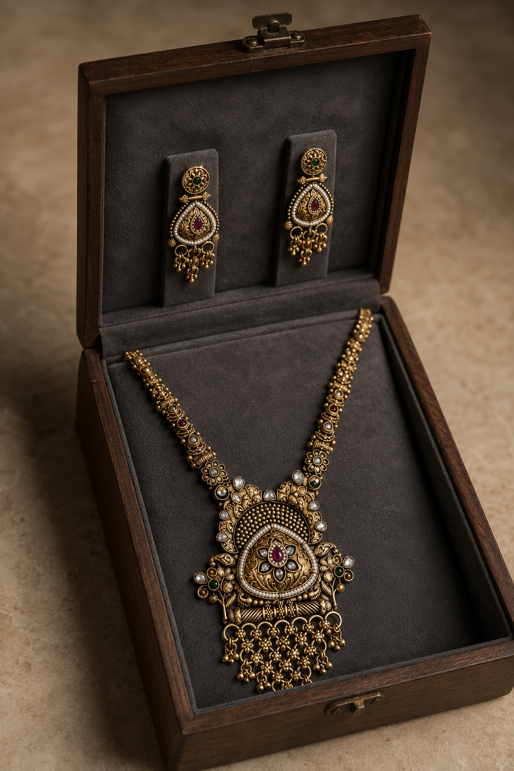 Teardrop Gold Tone Pendant Long Necklace Set