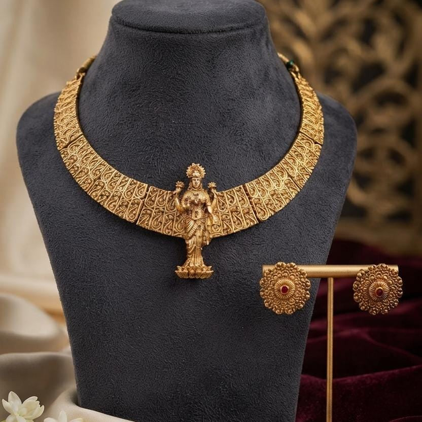 Gold Finish Lakshmi Motif Statement Necklace