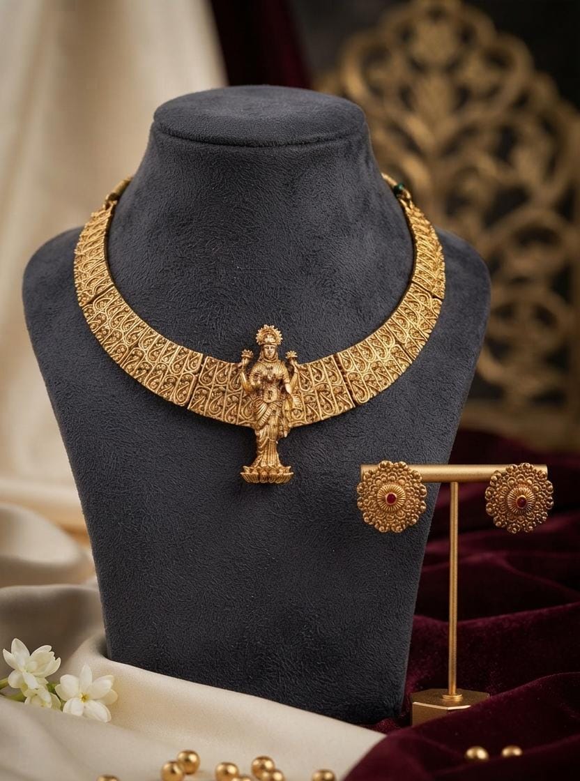 Gold Finish Lakshmi Motif Statement Necklace