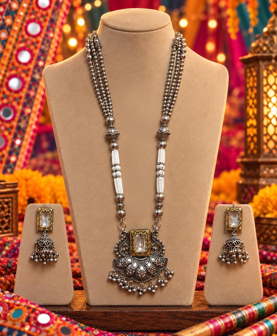 Oxidised Teardrop Pendant Necklace Set