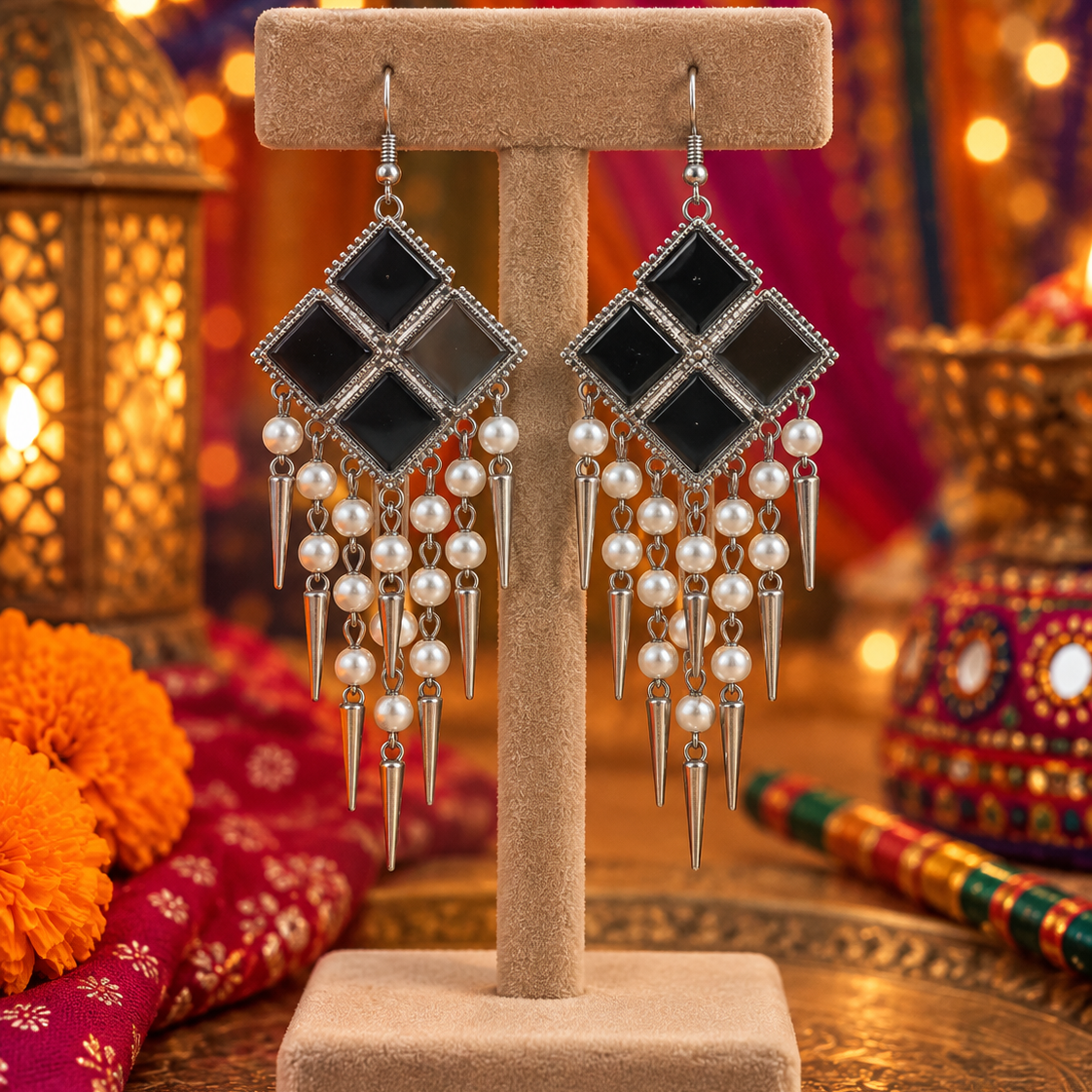 Oxidised Square Drop Earrings