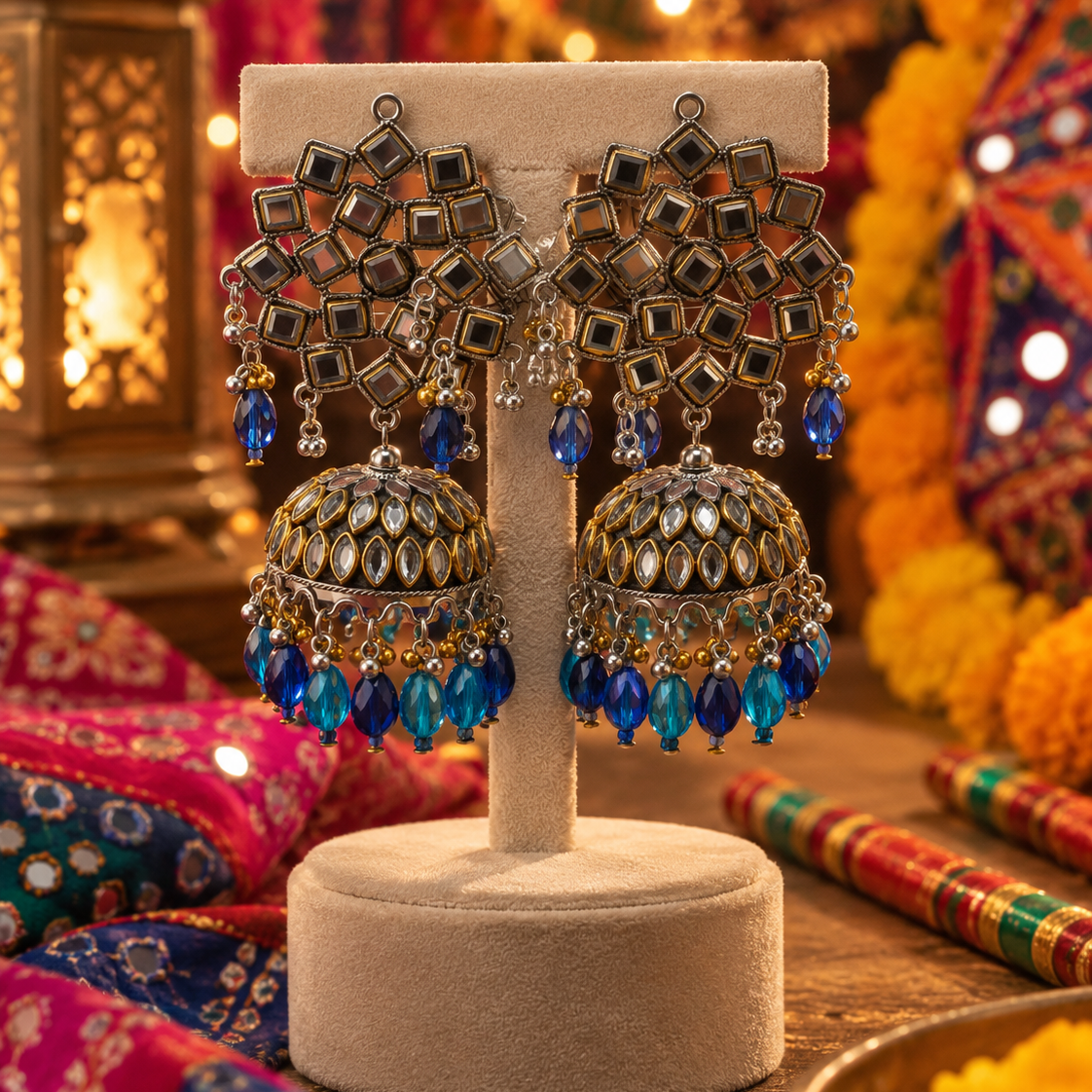 Oxidised Blue Drop Jhumka Earrings