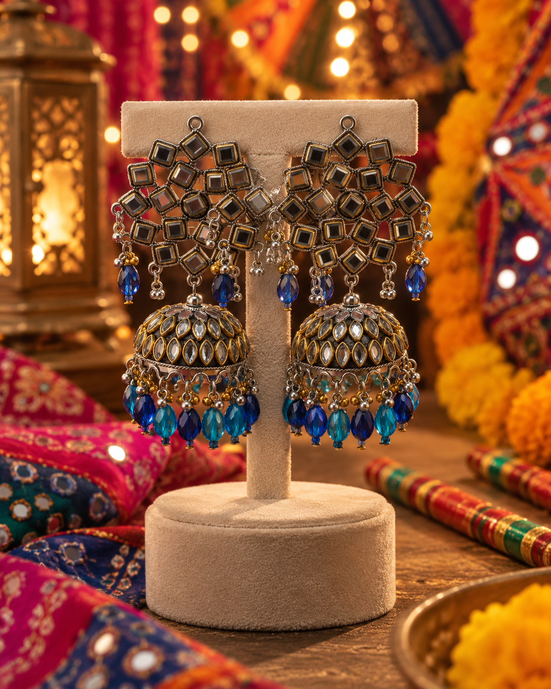 Oxidised Blue Drop Jhumka Earrings