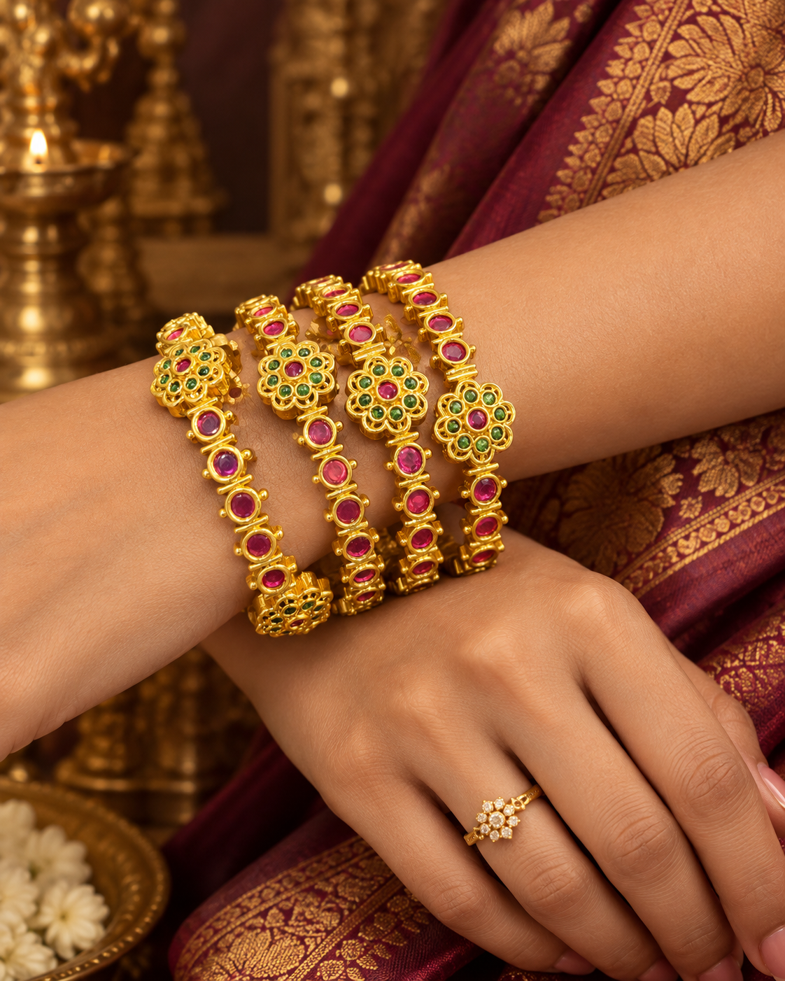 Gold Plated Pink Green Stone Floral Bangle