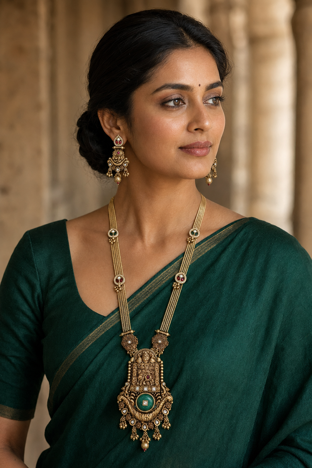Green Stone Gold Tone Pendant Long Necklace Set