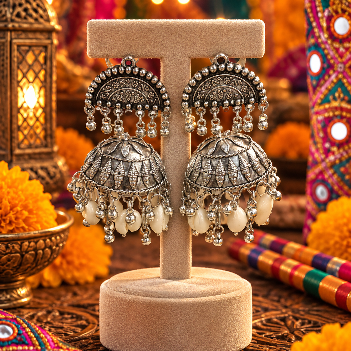 Oxidised Pearl Drop Jhumka Earrings