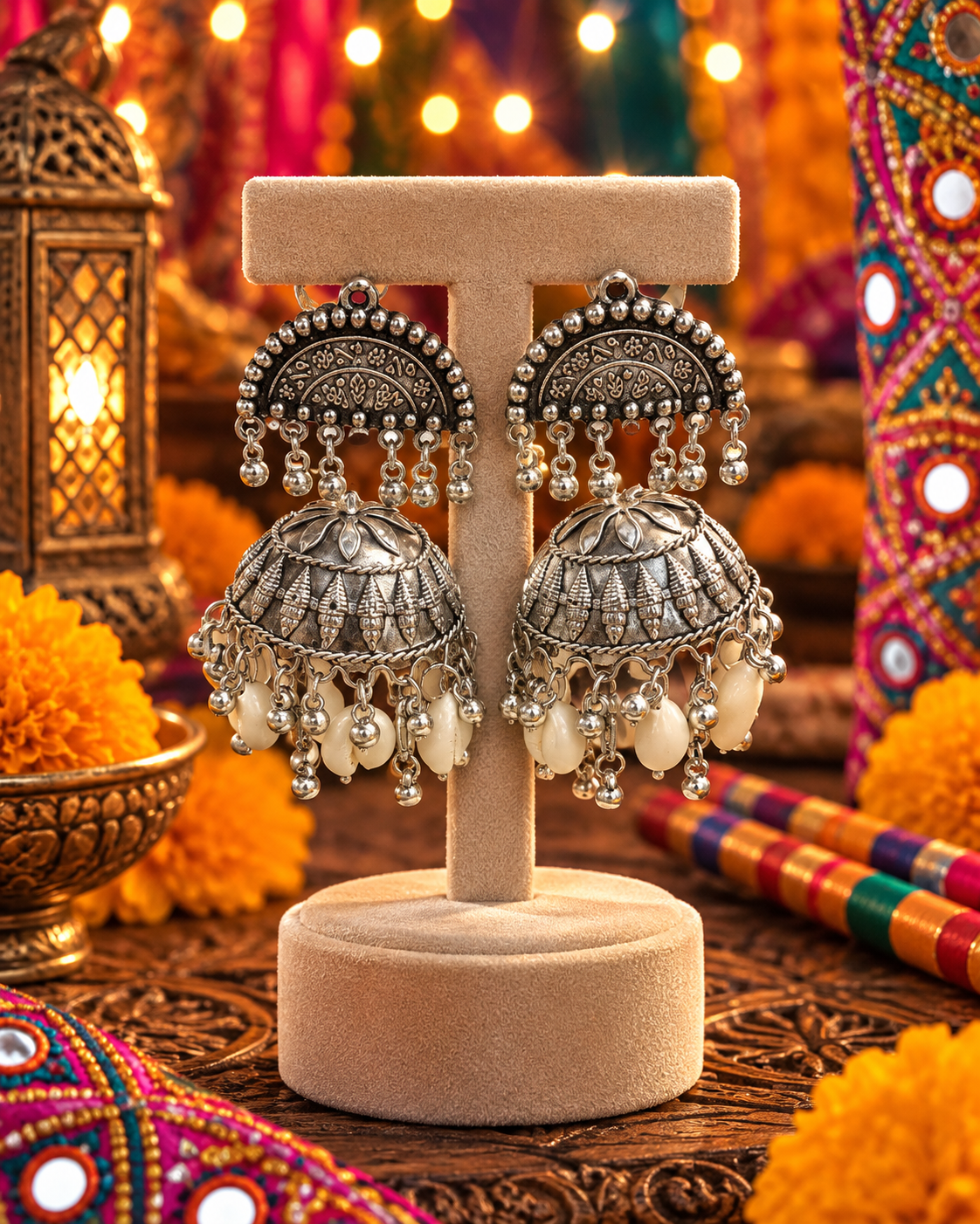 Oxidised Pearl Drop Jhumka Earrings