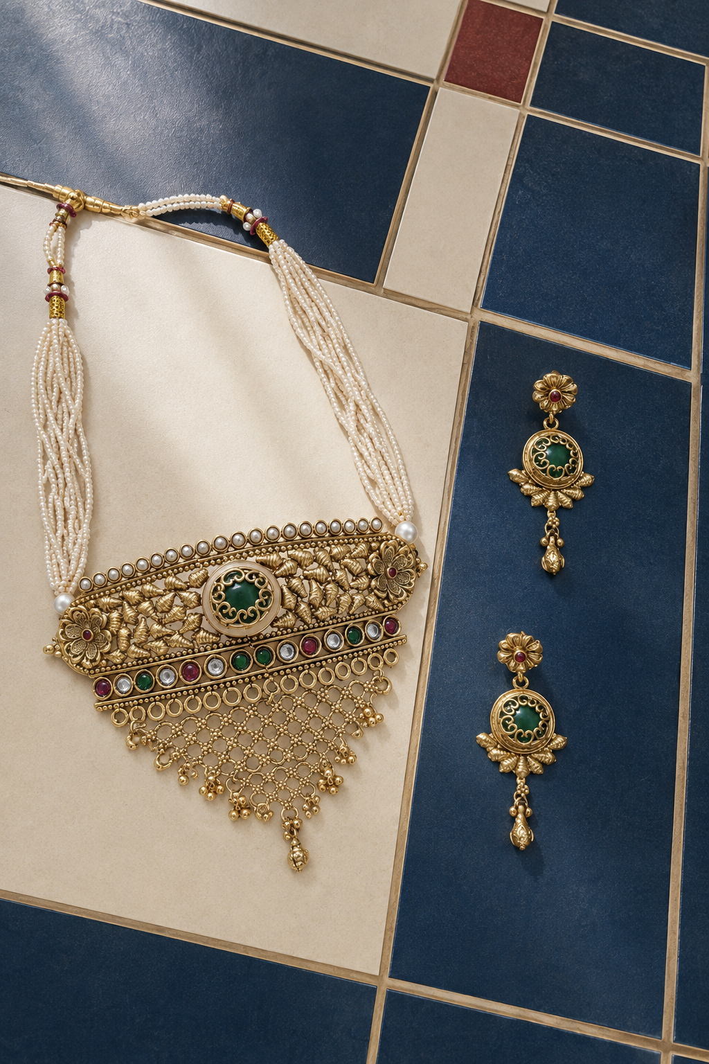 Rajwadi Green Enamel Pearl Choker Set