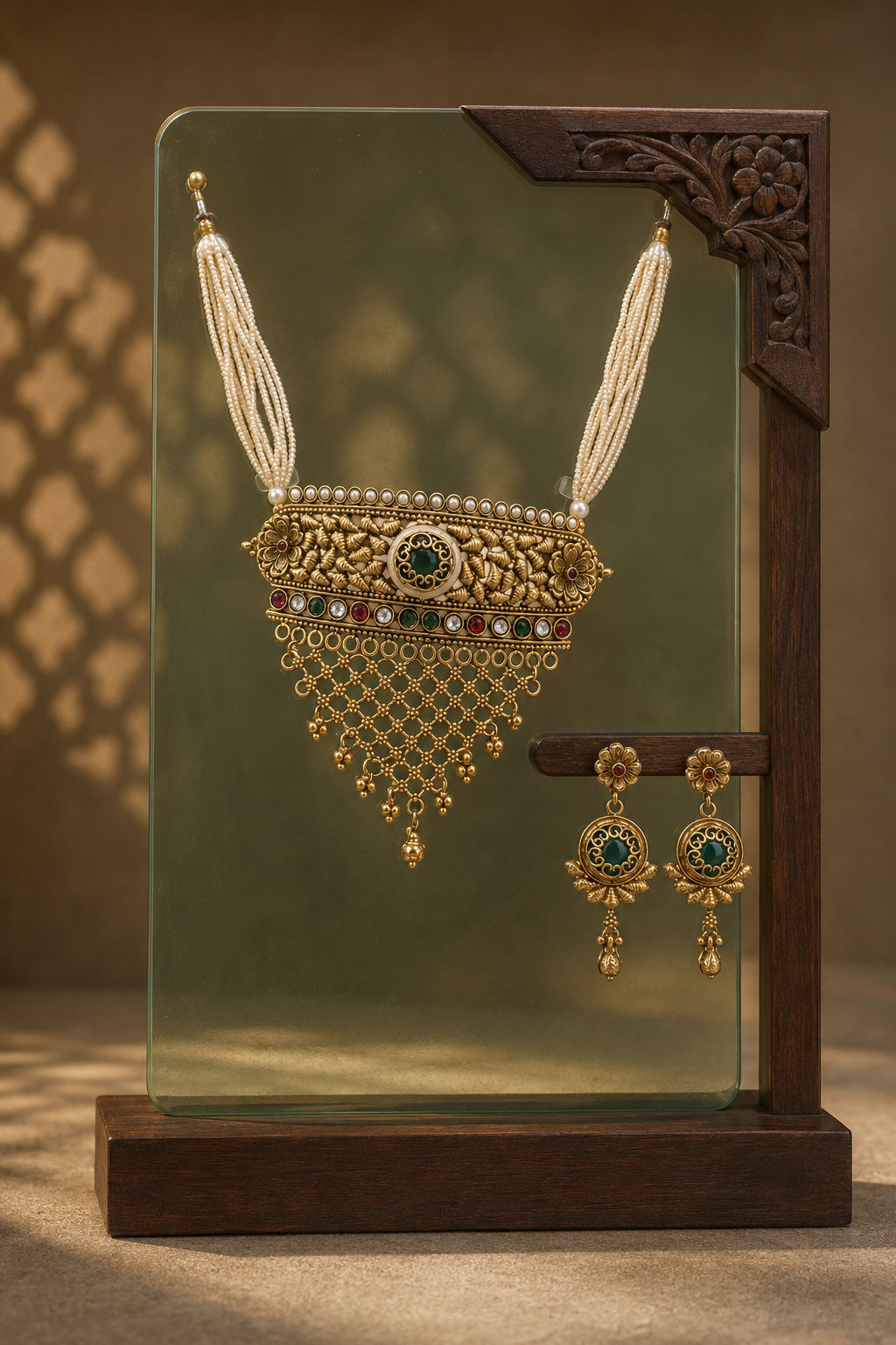 Rajwadi Meenakari Leafwork Pearl Choker Set