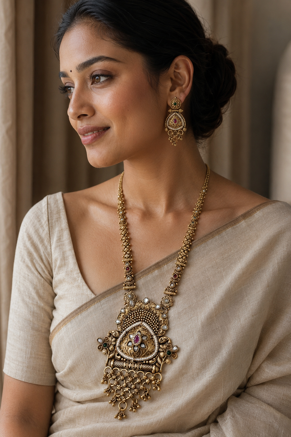 Teardrop Gold Tone Pendant Long Necklace Set