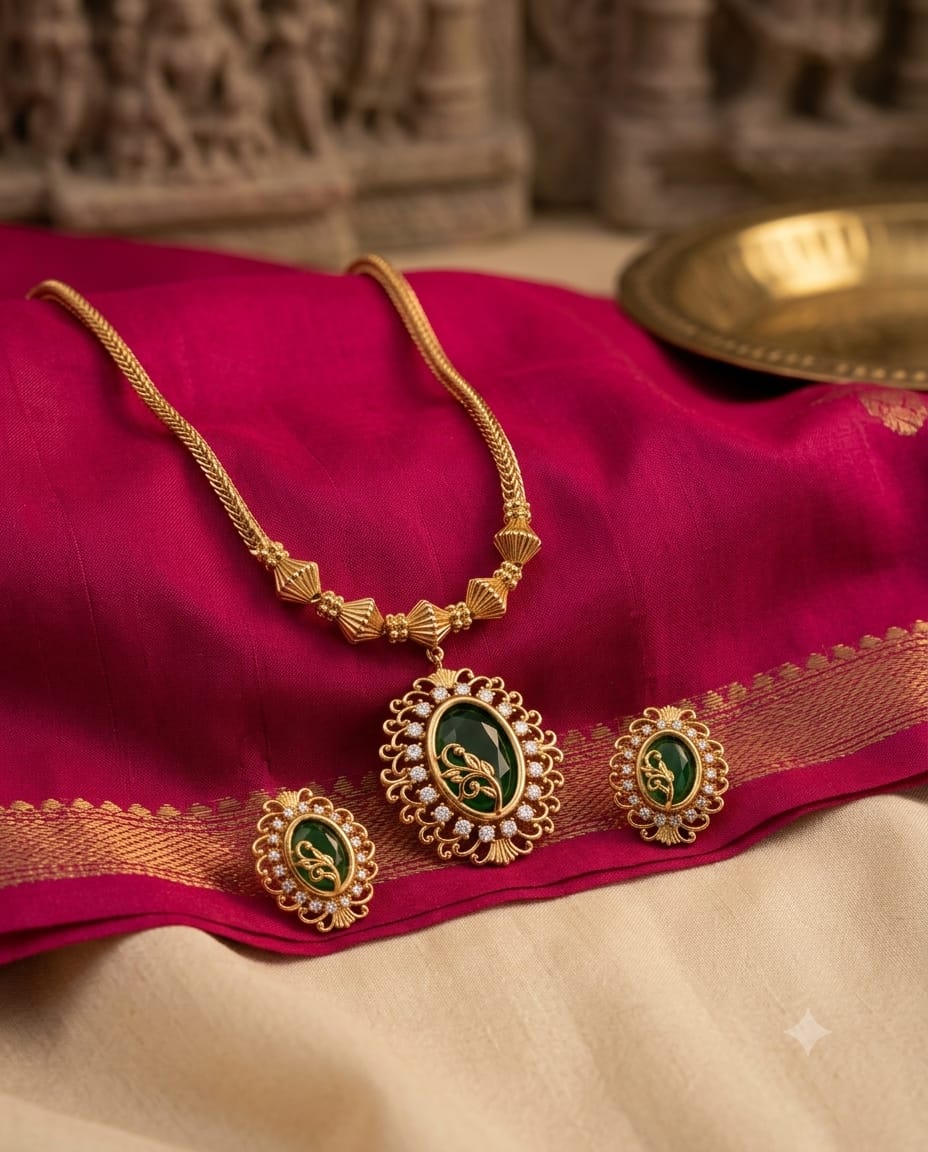 Green Stone Gold-Plated Necklace Set