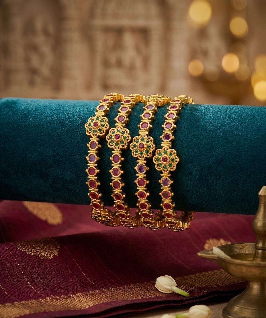Gold Plated Pink Green Stone Floral Bangle