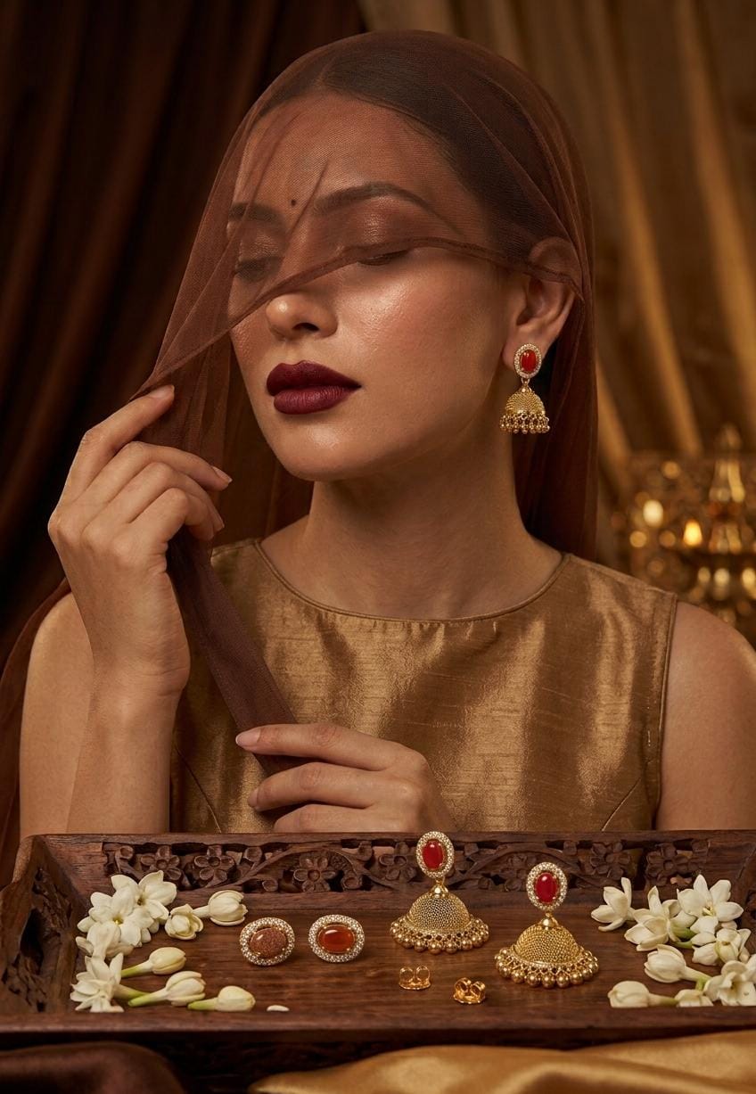 Gold Finish Red Stone Changeable Jhumka Earrings Set